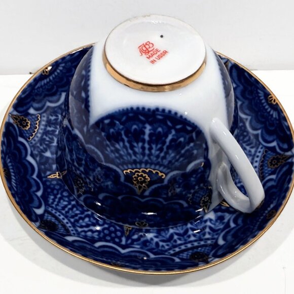 Vintage Lomonosov "Fans and Flowers" Cobalt Blue Teacup and Saucer - Picture 5 of 9
